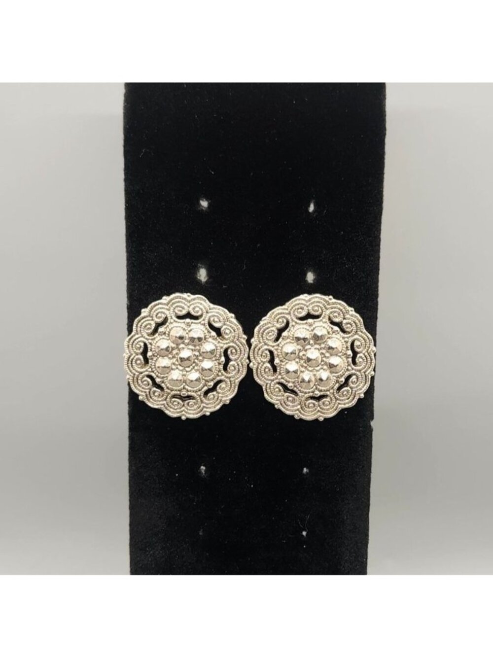 Vintage Silver-Tone Clip-On Earrings With Ornate Floral Design